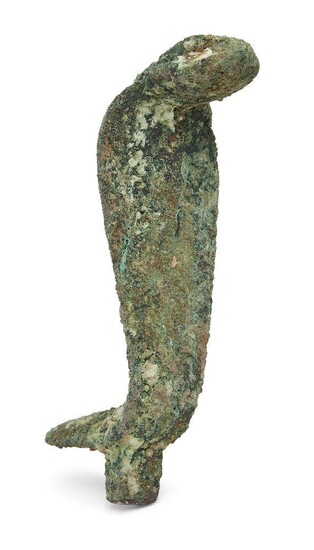 An Egyptian bronze uraeus in the strike position with tenon for attachment at the base and loop at the back, traces of gilding remain in one eye, Late Period - Ptolemaic, circa 600 -30 B.C., 12cm high Provenance: Formerly in the private collection...
