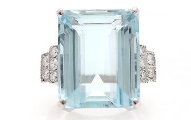 NOT SOLD. An aquamarine and diamond ring set with an emerald-cut aquamarine weighing app. 30.65...