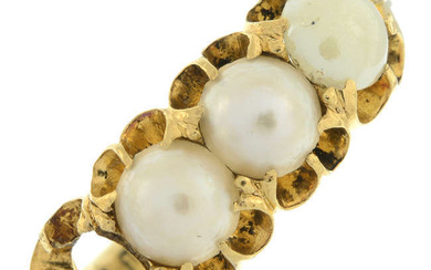 An early 20th century 18ct gold split pearl and imitation pearl ring. AF.