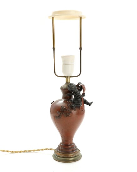 An early 20th century French partly patinated bronze table lamp. H. excluding 23 cm.