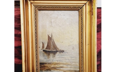 An oil on canvas painting of a ship at sea in a gold frame. ...