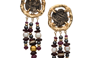 Ancient Coin, Diamond, Multi-Stone, Cultured Pearl, Gold Earrings The...