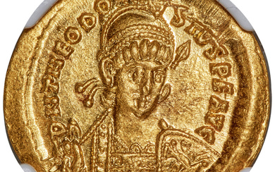 Ancients: , Theodosius II, Eastern Roman Empire (AD 402-450). AV solidus (21mm, 4.48 gm, 6h). NGC Choice AU 5/5 - 4/5....