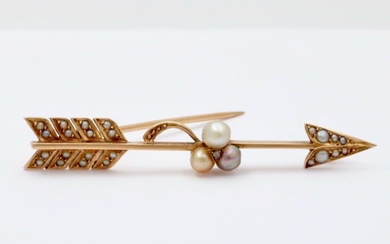 Antique 14K Gold, Rose Cut Diamond and Pearl Arrow Pin,...