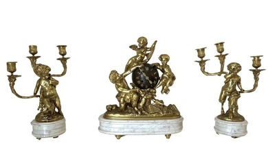 Antique 19th Century French Ormolu Gilt Bronze Matel Clock Garniture Set
