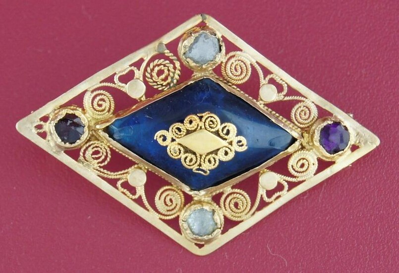 Antique COLORED GLASS YELLOW GOLD PIN PENDANT Brooch