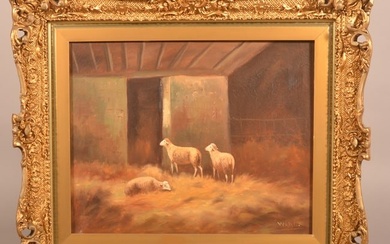 Antique Oil on Canvas Sheep in Stable Painting.