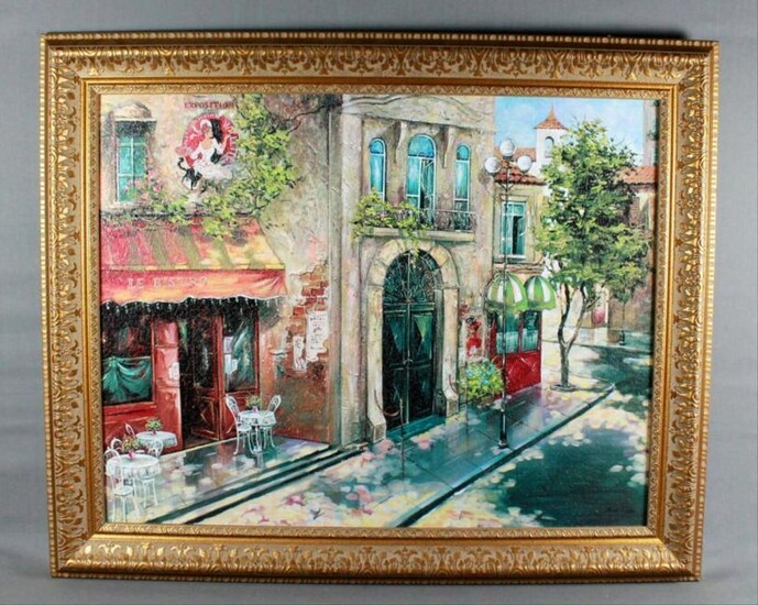 Antique Painting On Canvas Of French Street Scene