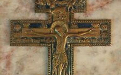 Antique Russian Bronze Enamel Cross