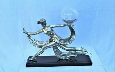 Art Deco Nude Lady Lamp , Silvered Bronze , Black