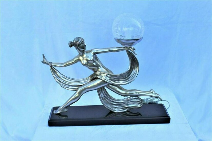 Art Deco Nude Lady Lamp , Silvered Bronze , Black