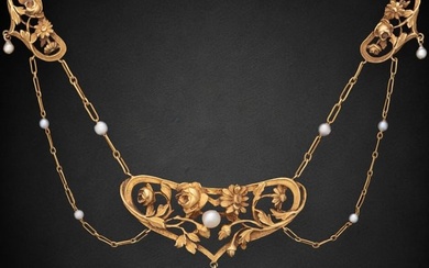 Art Nouveau 18K Gold and Pearl Necklace French Necklace
