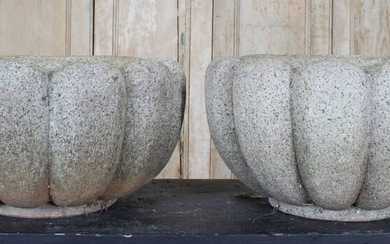 Asian Inspired Carved Stone Melon Form Planters