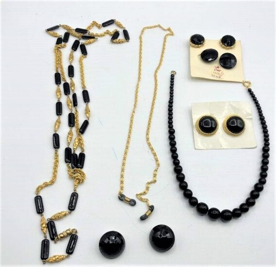 Assorted Vintage Jet Black Gold Tone Necklaces Earrings