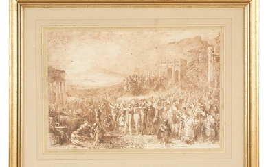 Attribué à Joseph NAVLET (1821 - 1889) Scène de bataille médiévale Plume et encre brune...