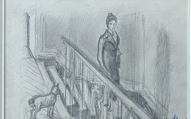 Attribué à Pierre ROY (1880-1950) La femme dans l'escalier Mine de plomb sur papier Tamponné...