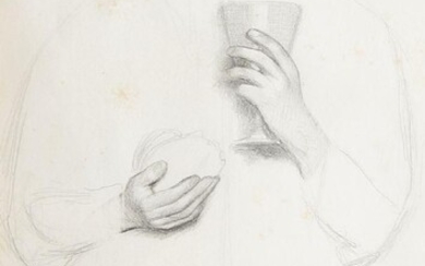Attributed to Frank Cadogan Cowper RA, British 1877-1958- Figure holding a chalice, detail; pencil, 28 x 19 cm (ARR)