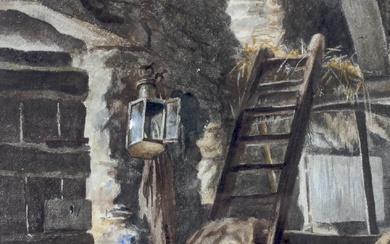 Attributed to ME Cooper RSA (act. 1882-88), a watercolour scene of a hayloft. ME Cooper trained at Hampstead School of Art. 29.5cm X 44cm exc. frame