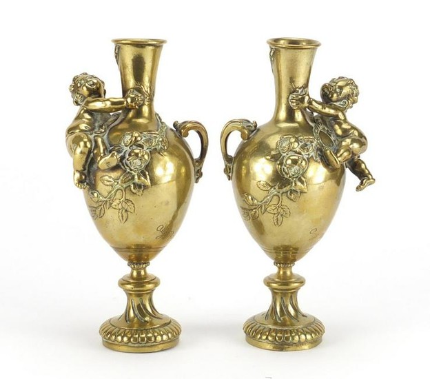 Auguste Moreau, pair of 19th century bronze vases, each