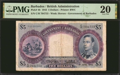 BARBADOS. Government of Barbados. 5 Dollars, 1943. P-4b. PMG Very Fine 20.