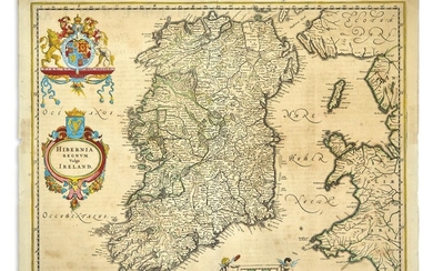 BLAEU, WILLEM. Hibernia Regnum Vulgo Ireland. Double-page engraved map of Ireland. 16 1/2x21...