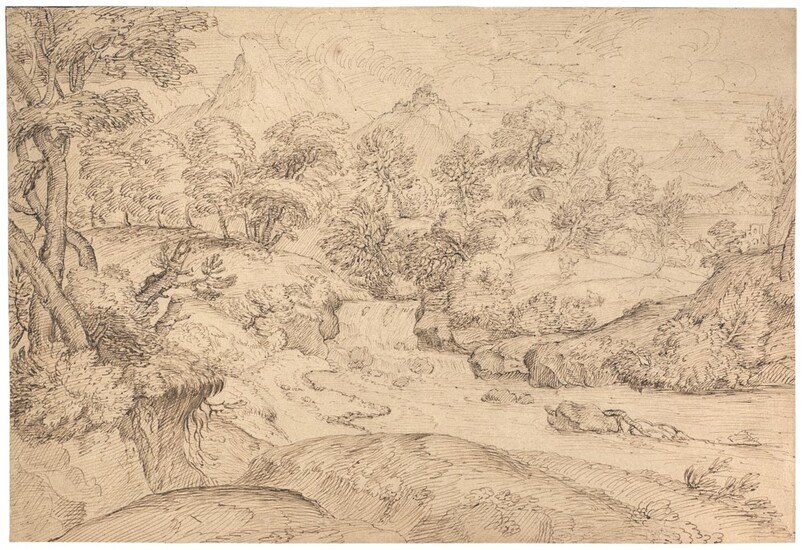 BOLOGNESE SCHOOL, 17TH CENTURY, A wooded landscape crossing by a river