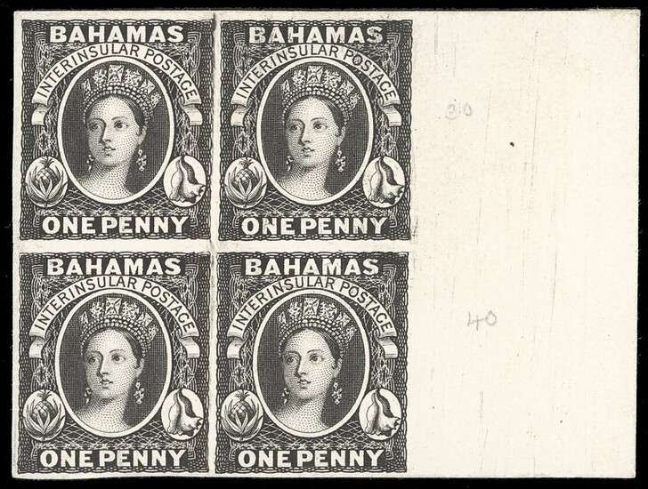 Bahamas 1859 (10 June) One Penny, Imperforate Plate Proofs Block of four on thick white card fr...