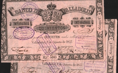 Banco de Valladolid. 1 de agosto de 1857. 500 reales de vellón. Pareja correlativa. EBC+. Buena pareja