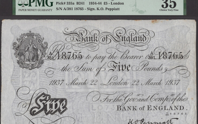 Bank of England, Kenneth O. Peppiatt, £5, London, 22 March 1937, serial...