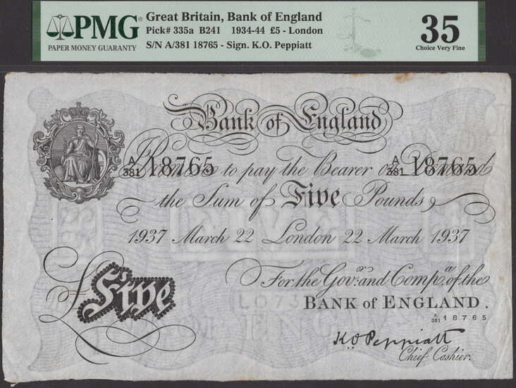 Bank of England, Kenneth O. Peppiatt, £5, London, 22 March 1937, serial...