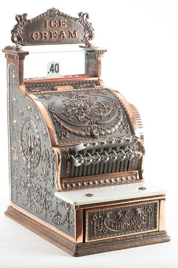 Beautiful vintage brass National Cash Register Model 317, very desirable red brass with marble coin
