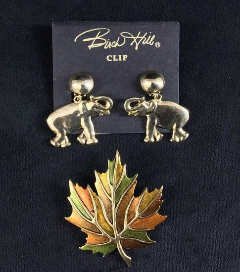 Birch Hill Elephant Earrings Vintage Leaf Brooch