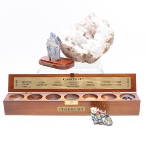 Bismuth, Blue Kyanite and Calcite Geode Specimens and Chakra Stone Set