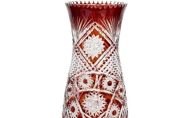 Bohemian Red Cut to Clear Art Glass 15 inch Vase Hobstars c.1900
