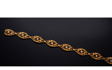 Bracelet Art Nouveau en or jaune 18 carats (750/000), diamants et perles (probablement fines) composé...