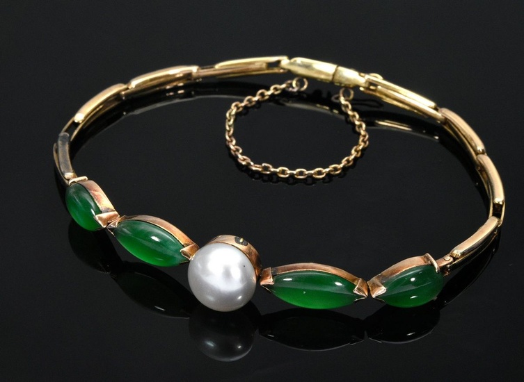 Bracelet en or jaune 585 avec cabochons de jade et perle d'eau douce, 6,8g, L....