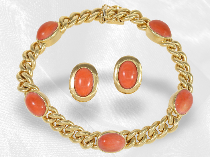 Bracelet/earrings: high quality armor bracelet with coral cabochons and matching coral ear clips, 18K gold