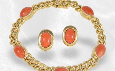 Bracelet/earrings: high quality armor bracelet with coral cabochons and matching coral ear clips, 18K gold