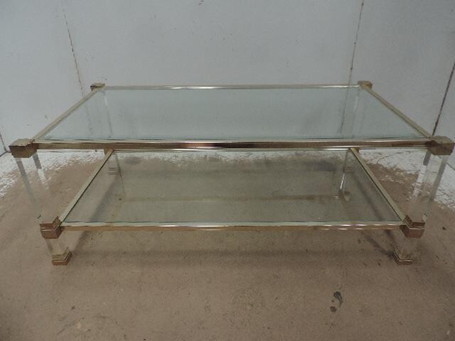 Brass Mounted & Lucite 1970's Two Tier Coffee Table...