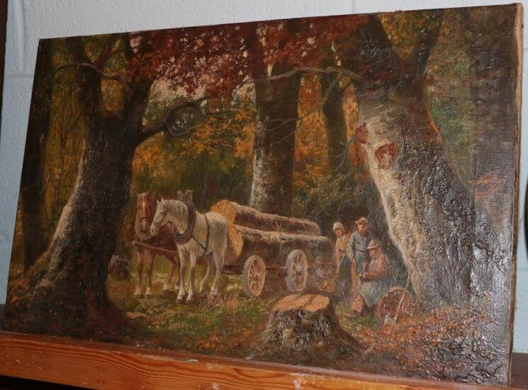 British School (19th century) , Logging scene with figures and...
