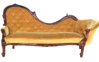 (-), Burnished walnut chaise longue with padded yellow...