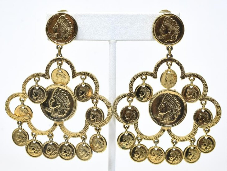 C 1975 Gilt Earrings W Faux Native American Coins