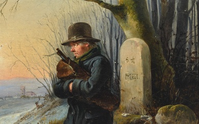 C. A. Schleisner. A traveling fiddler rests at a milestone