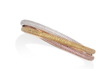 CARTIER, A RARE PINK, YELLOW AND WHITE DIAMOND TRINITY BANGLE in 18ct yellow, white and rose gold