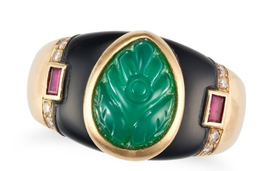 CARTIER, A VINTAGE CHRYSOPRASE, ONYX, RUBY AND DIAMOND DRESS RING in 18ct yellow gold, set with a...