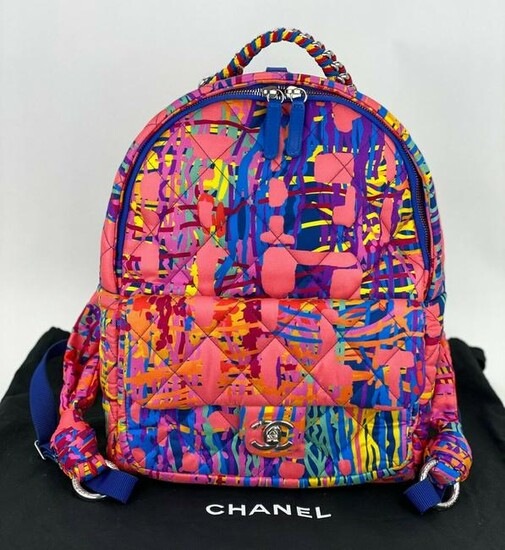 CHANEL CC Foulard Fabric Quilted Printed Backpack Pink