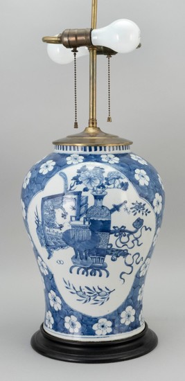 CHINESE BLUE AND WHITE PORCELAIN LAMP In meiping form, with two cartouches containing a vase and scholars' objects on a cracked ice...