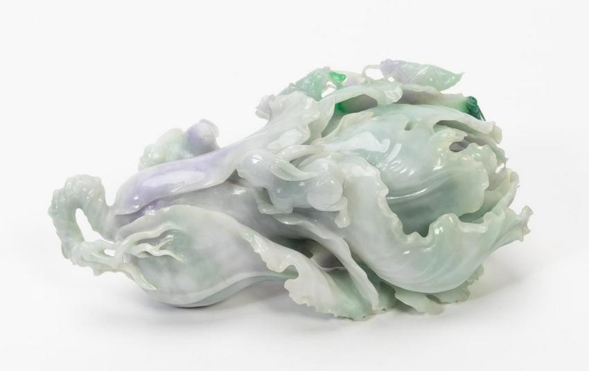 CHINESE CARVED JADE CABBAGE WITH RABBITS