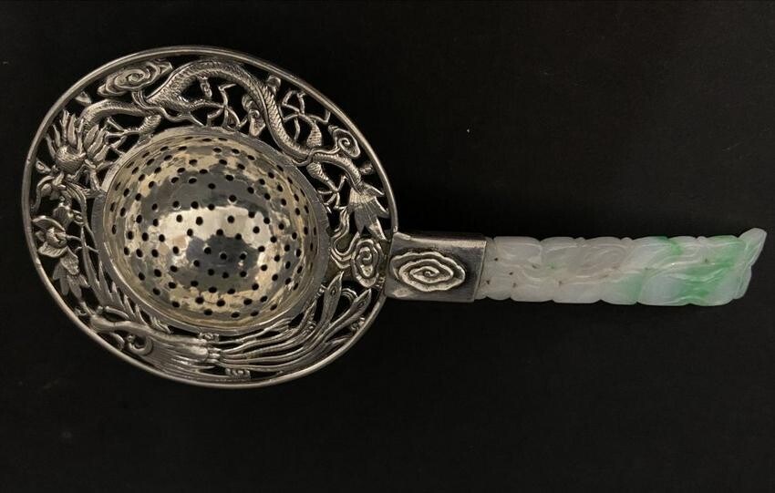 CHINESE STERLING SILVER AND JADE TEA STRAINER