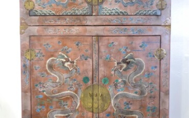CHINESE STYLE COROMANDEL BRASS MOUNTED LACQUERED CABINET ON CABINET